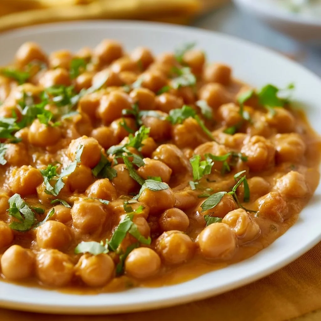 Delicious Vegan Butter Chickpeas in a bowl with spices and herbs