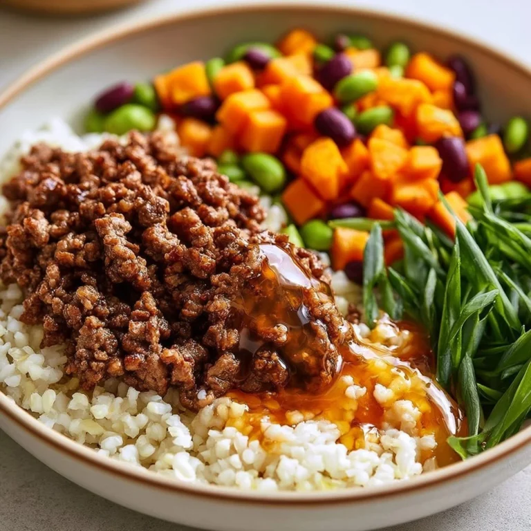 Delicious Hot Honey Ground Beef Bowl garnished with fresh herbs and vegetables