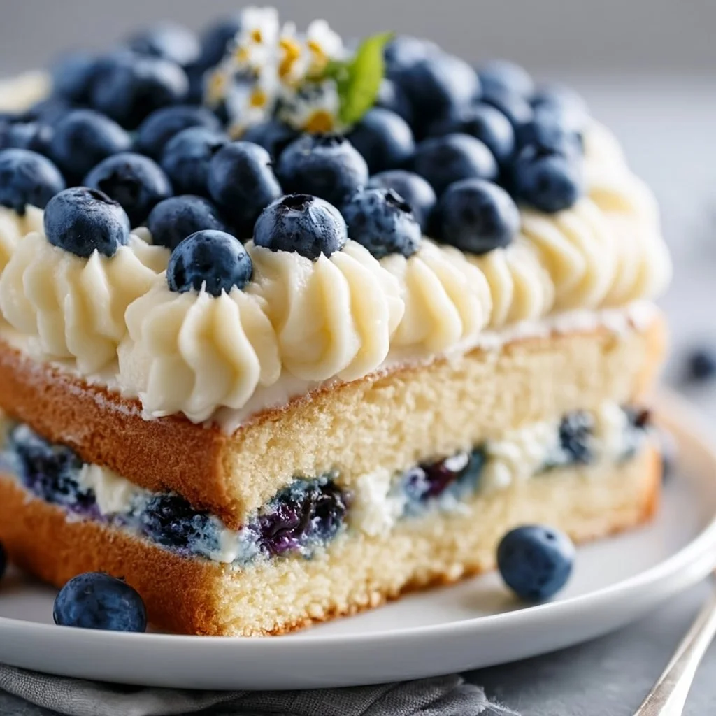 White Chocolate Blueberry Cake topped with fresh blueberries and white chocolate shavings.