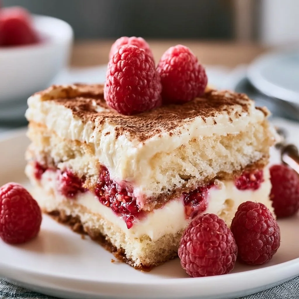Delicious slices of White Chocolate Raspberry Tiramisu dessert served on a plate