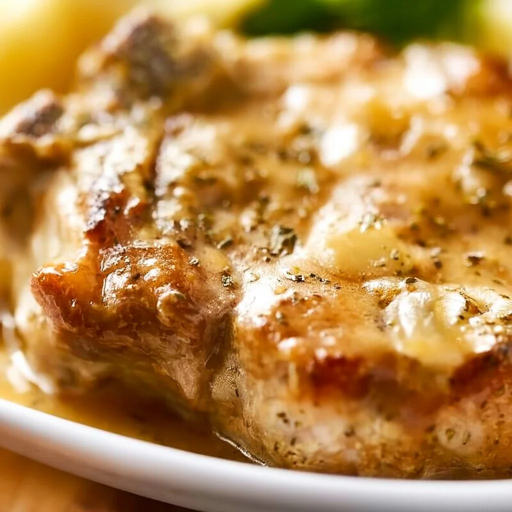 Three ingredient crock pot pork chops ready to serve with garnishes.