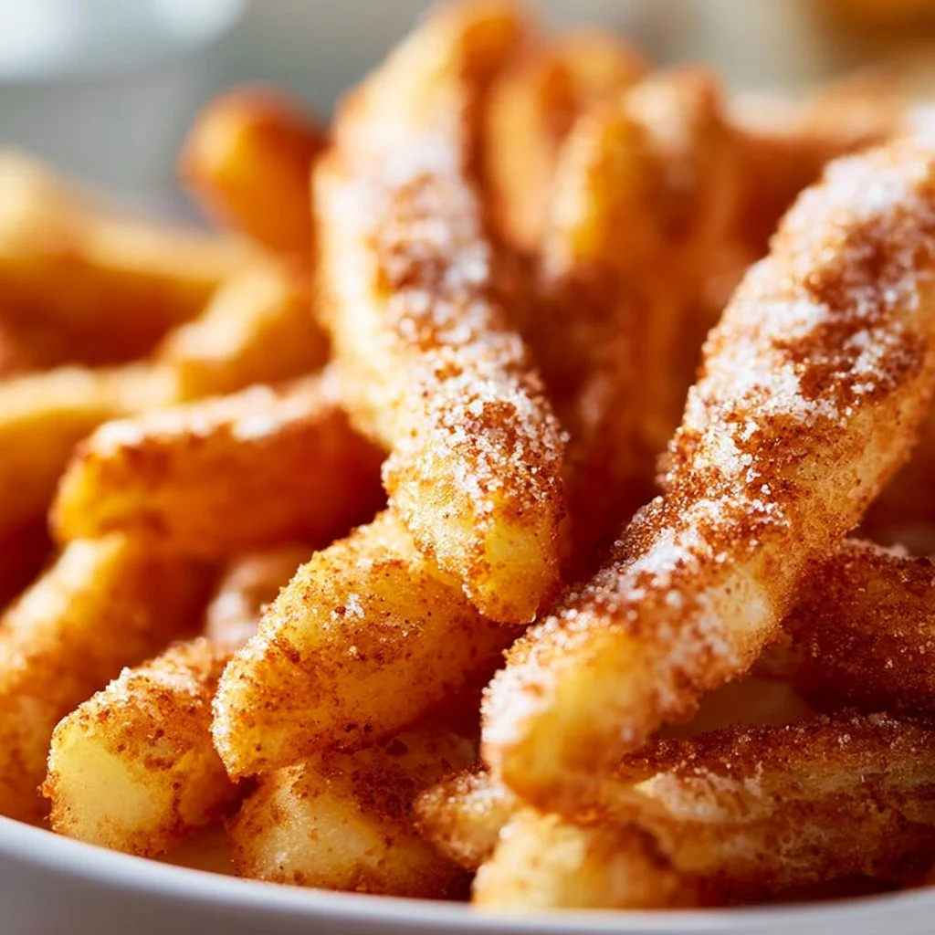 Crispy air fryer apple fries served on a plate with a dipping sauce
