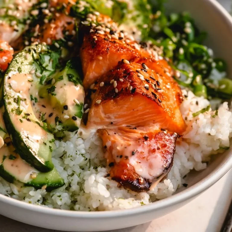 Delicious baked salmon sushi bowl with fresh ingredients and toppings.
