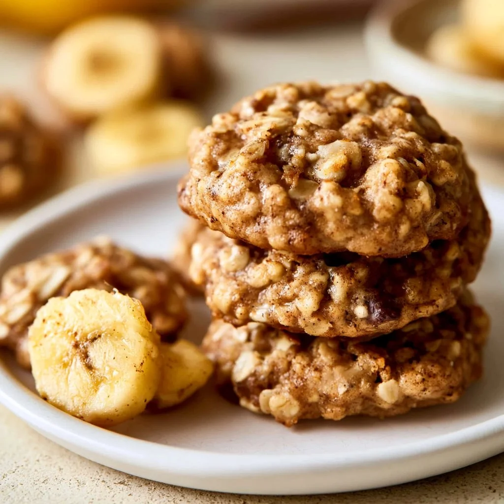 Delicious homemade banana oatmeal cookies on a wooden plate