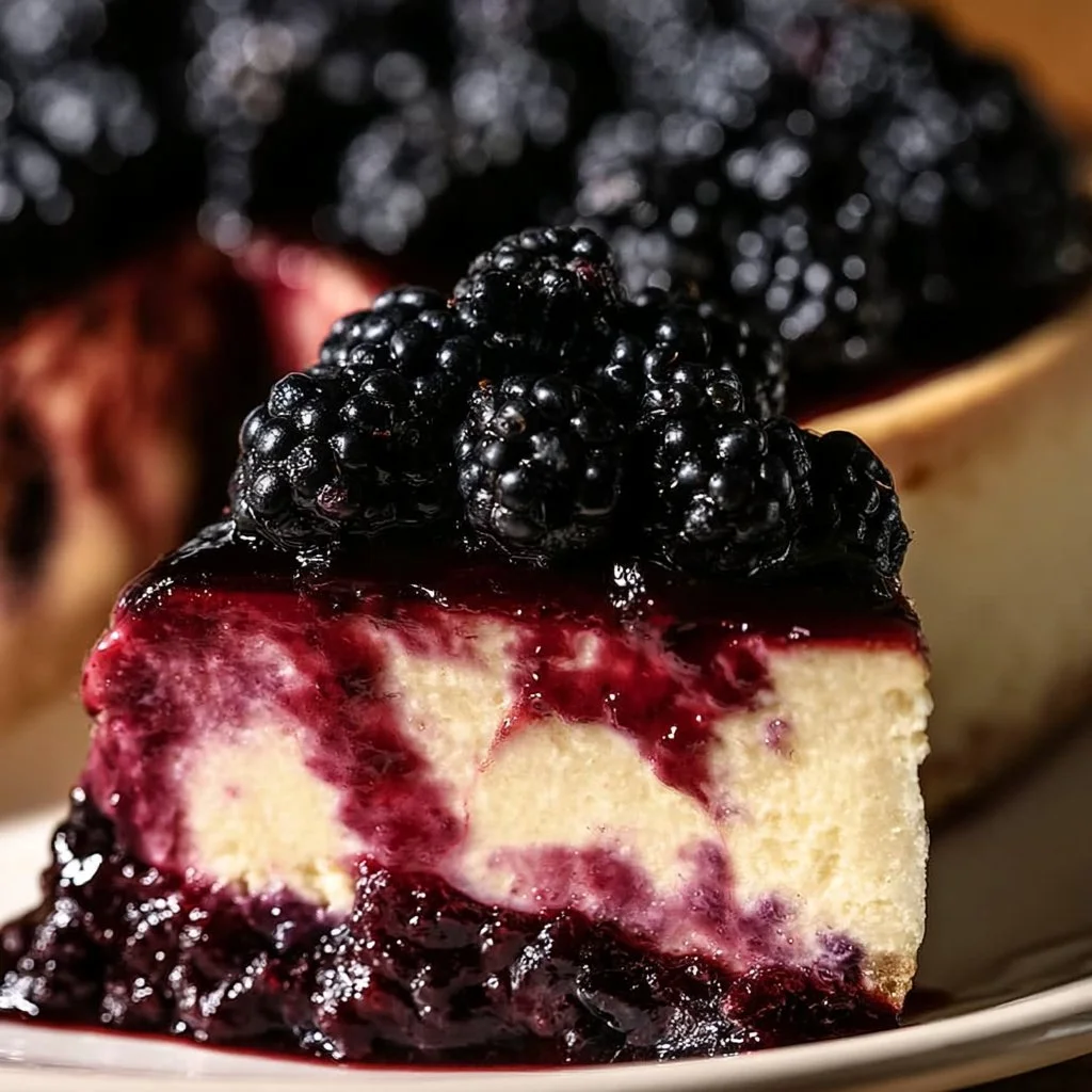 Delicious slice of blackberry cheesecake topped with fresh blackberries.