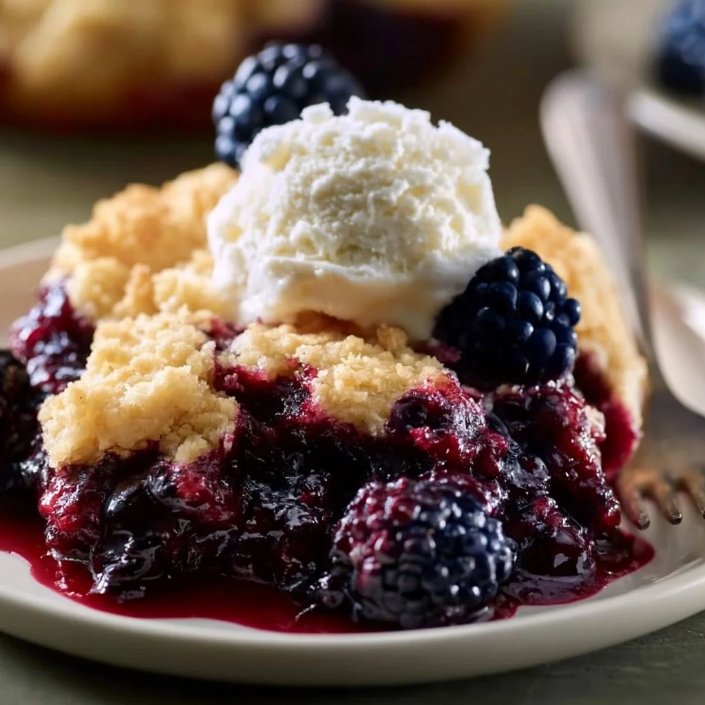 Delicious blackberry cobbler fresh out of the oven, served in a rustic dish.