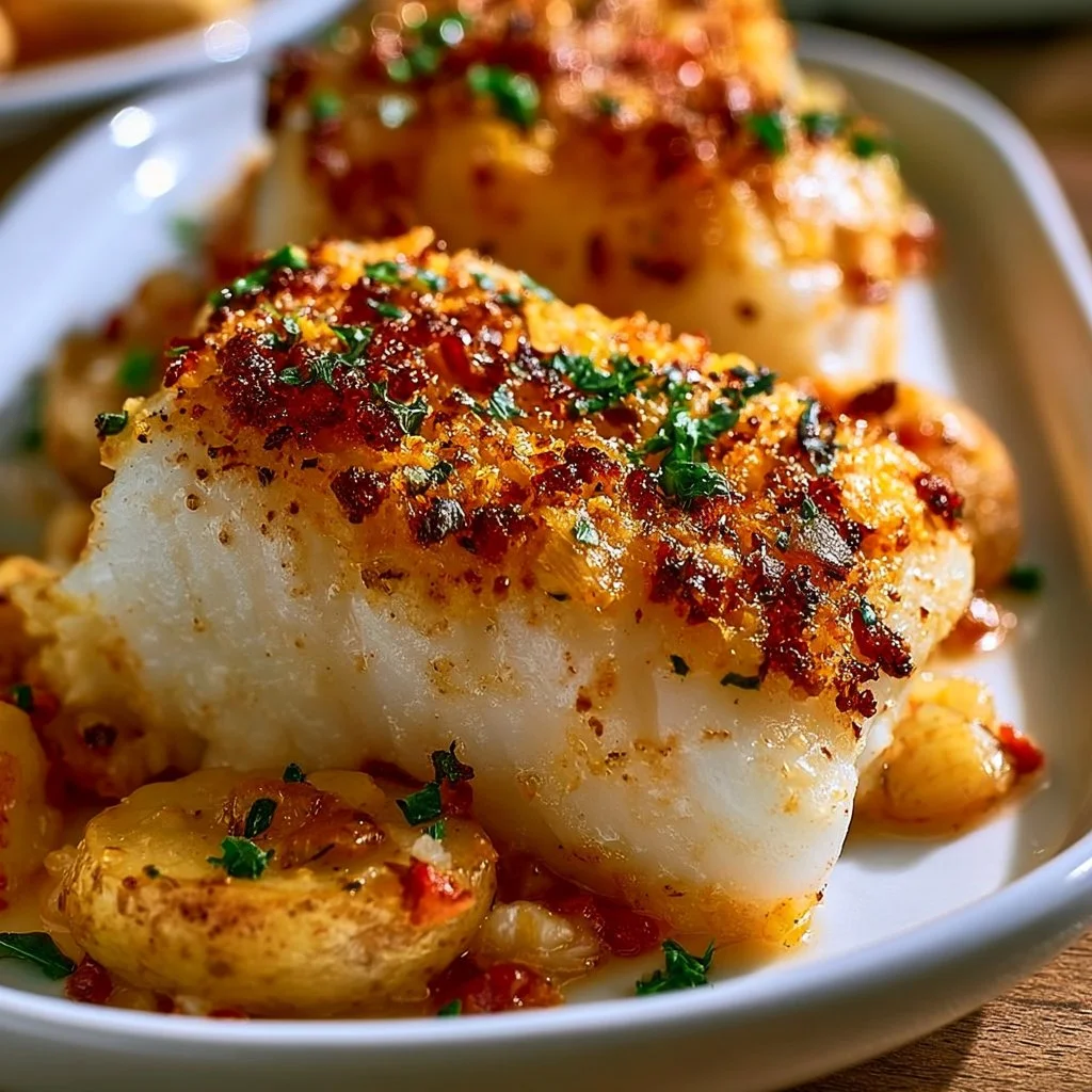 Deliciously baked cod fillet served on a plate with herbs and lemon