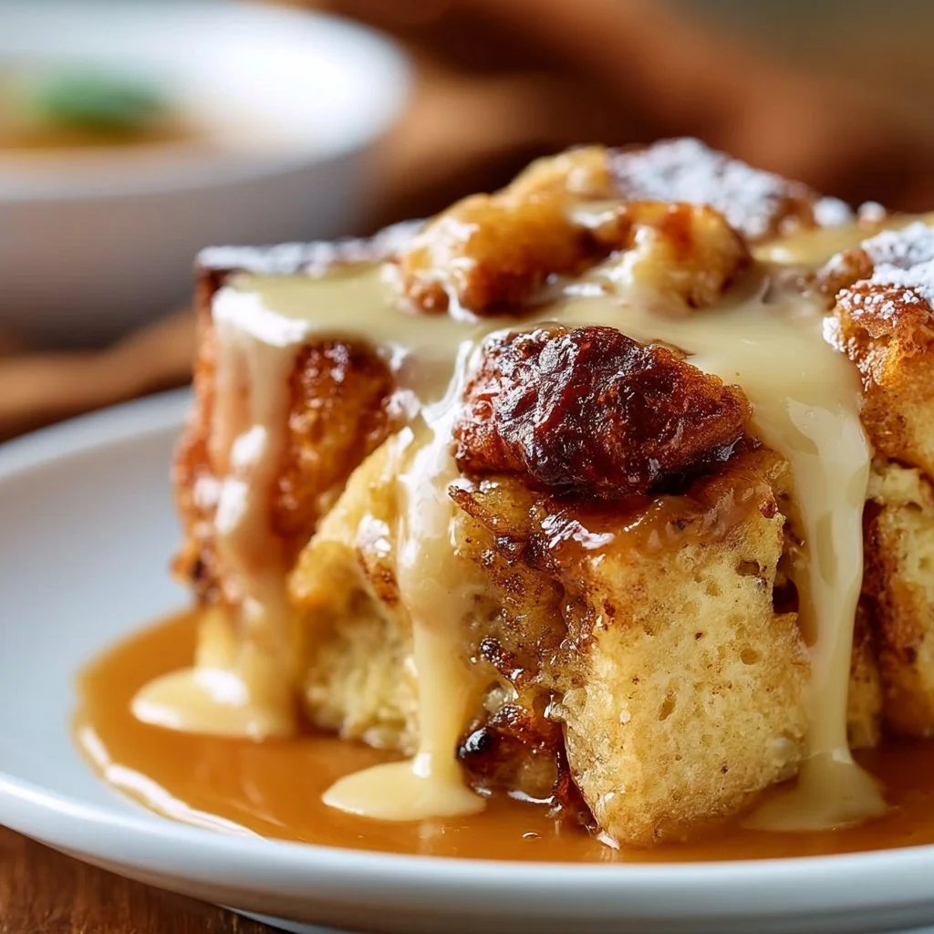 Delicious bread pudding drizzled with vanilla caramel sauce
