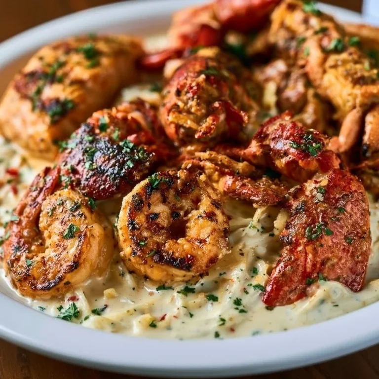 Cajun Lobster Crab and Salmon Alfredo pasta dish served in a creamy sauce