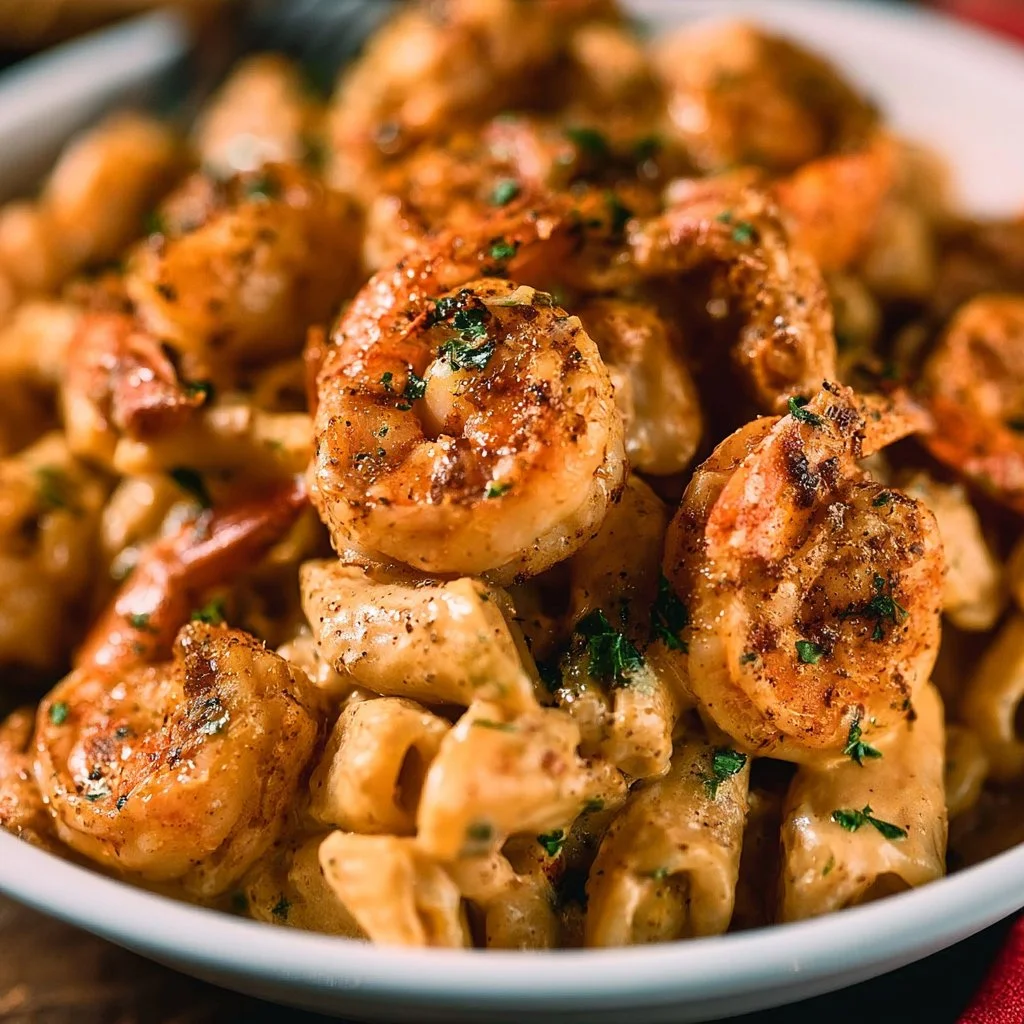 Delicious Cajun Shrimp Pasta with spicy cream sauce served in a bowl.