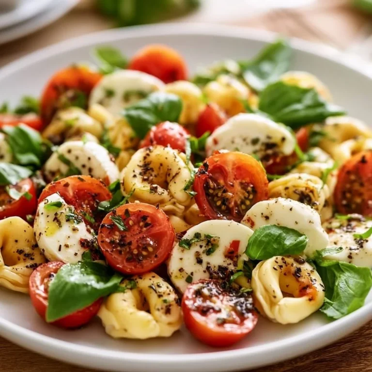 Caprese Salad with Tortellini topped with fresh basil and mozzarella