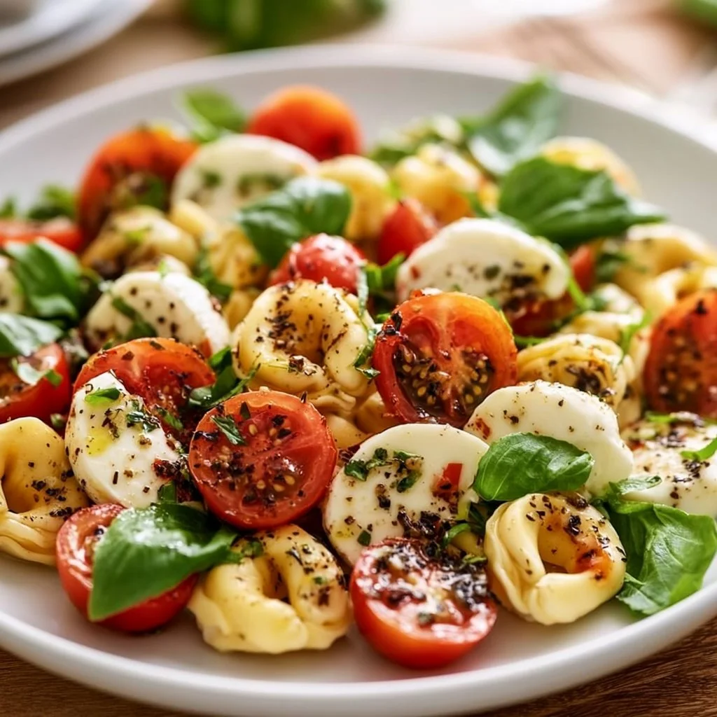 Caprese Salad with Tortellini topped with fresh basil and mozzarella