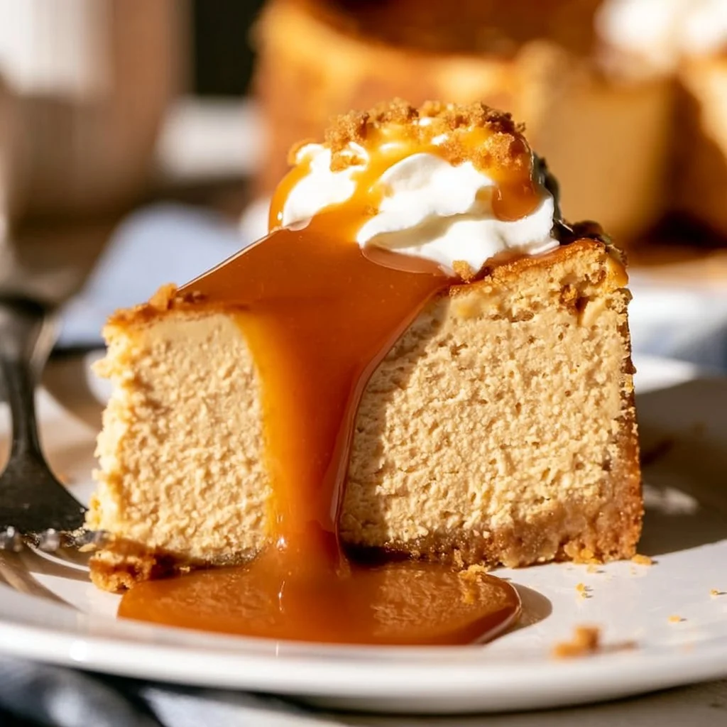 Delicious caramel cheesecake topped with rich caramel sauce