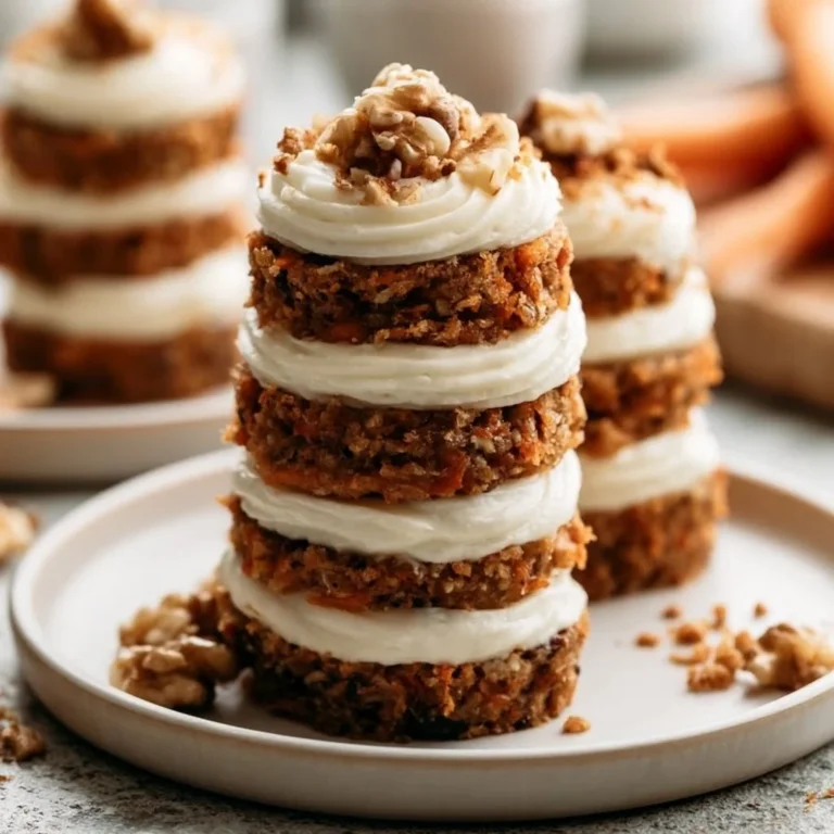 Delicious carrot cake mini stacks with cream cheese frosting on a plate