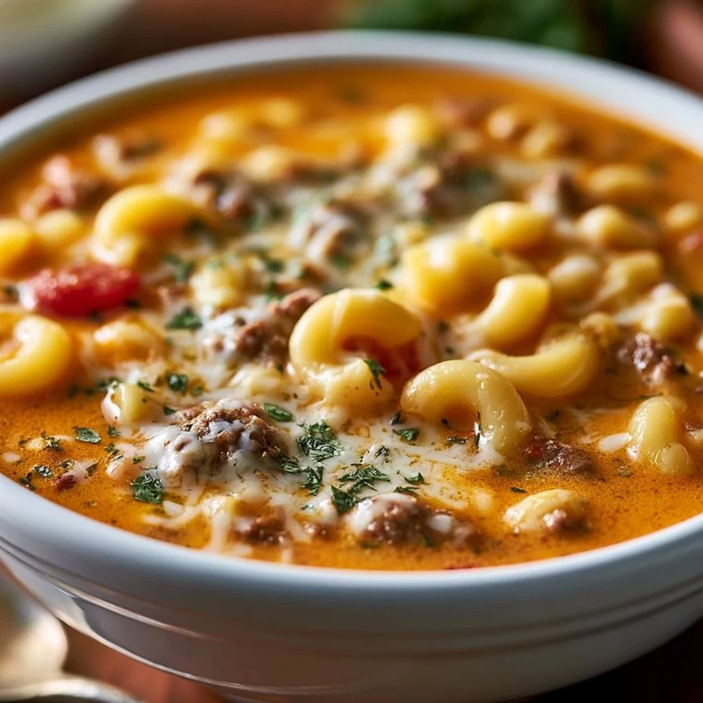 Delicious bowl of cheeseburger macaroni soup with cheese and herbs