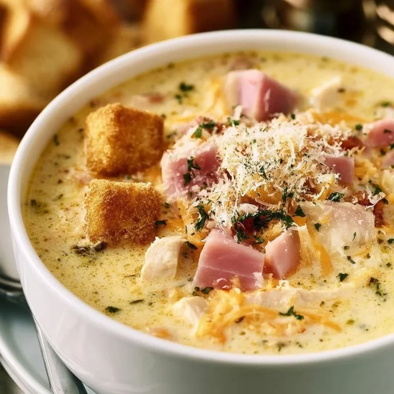 Bowl of delicious Chicken Cordon Bleu Soup garnished with herbs
