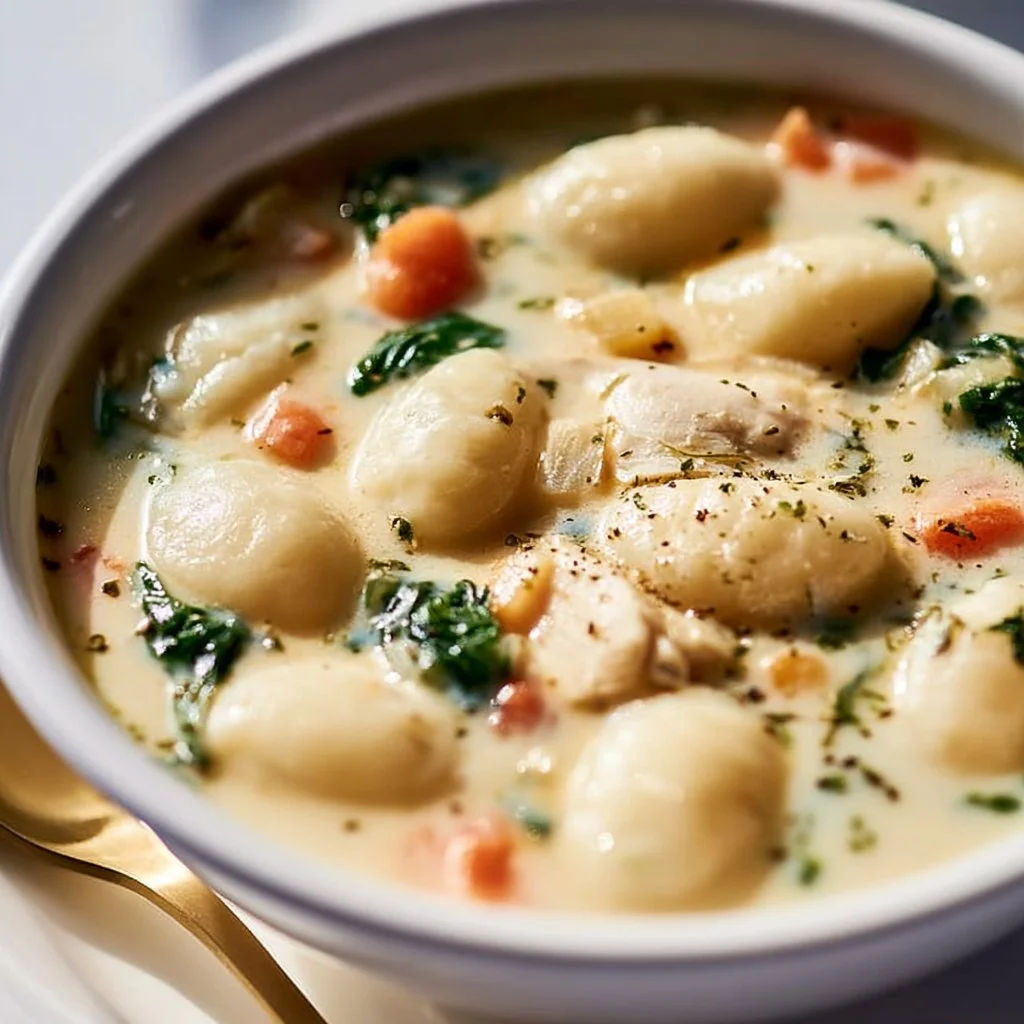 Bowl of Chicken Gnocchi Soup with rich broth and fresh ingredients