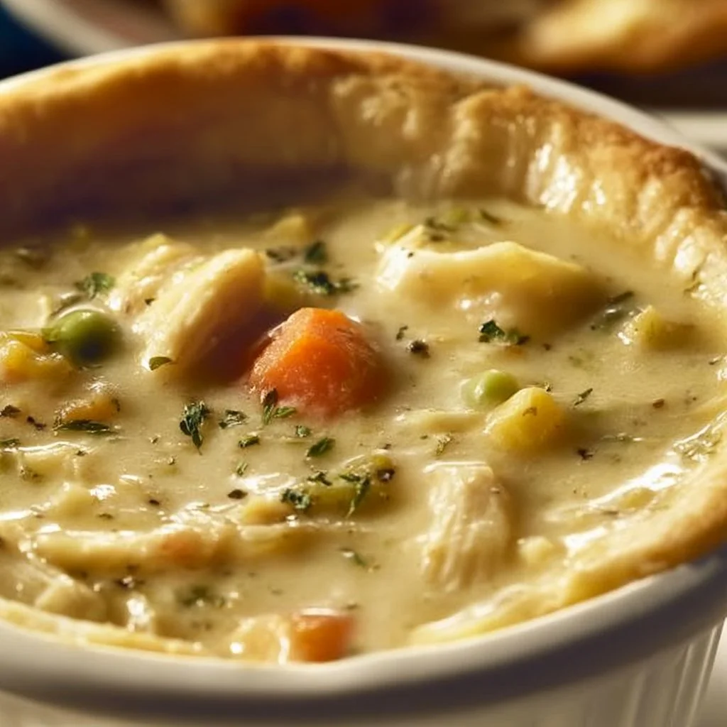Delicious Chicken Pot Pie Soup in a bowl with vegetables and herbs