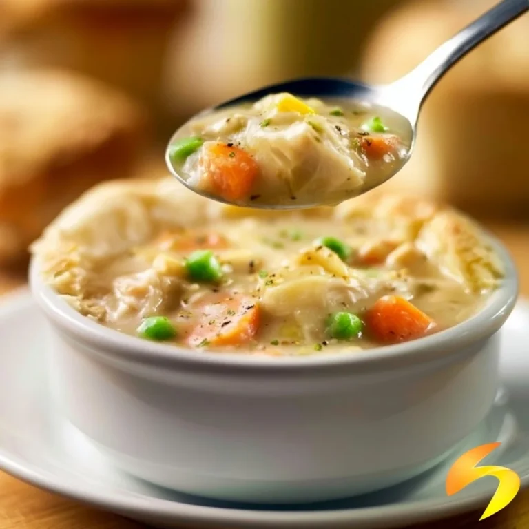 Bowl of creamy Chicken Pot Pie Soup filled with veggies and chicken.