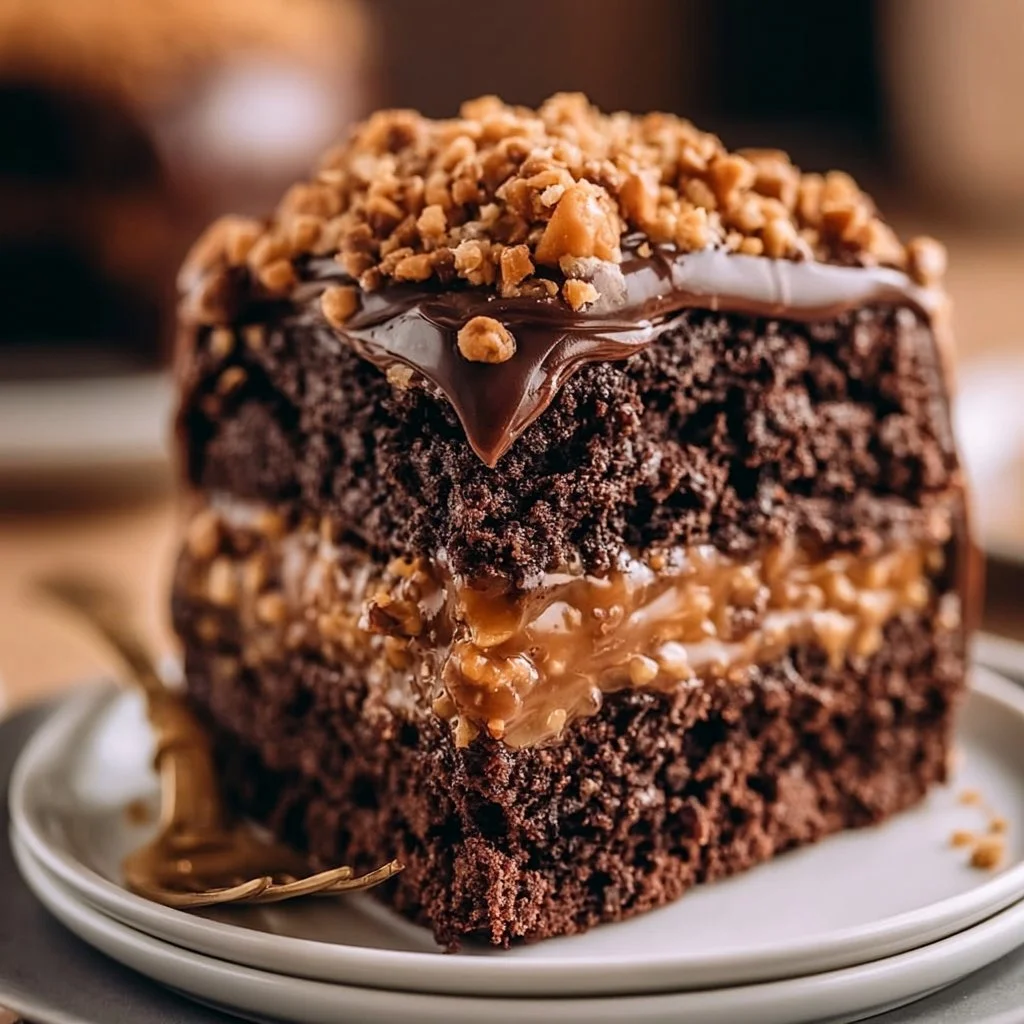 Delicious Chocolate Caramel Toffee Crunch Cake with layers of chocolate and caramel