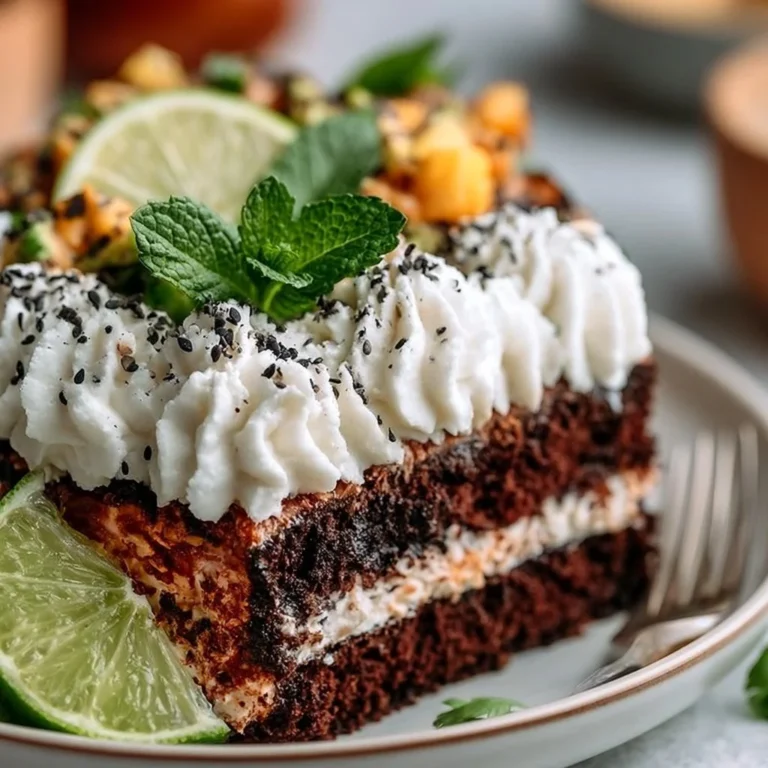 Delicious Chocolate Coconut Cream Cake topped with coconut flakes and chocolate drizzle.