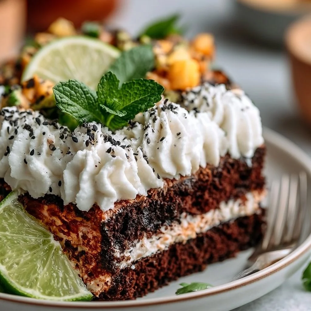 Delicious Chocolate Coconut Cream Cake topped with coconut flakes and chocolate drizzle.