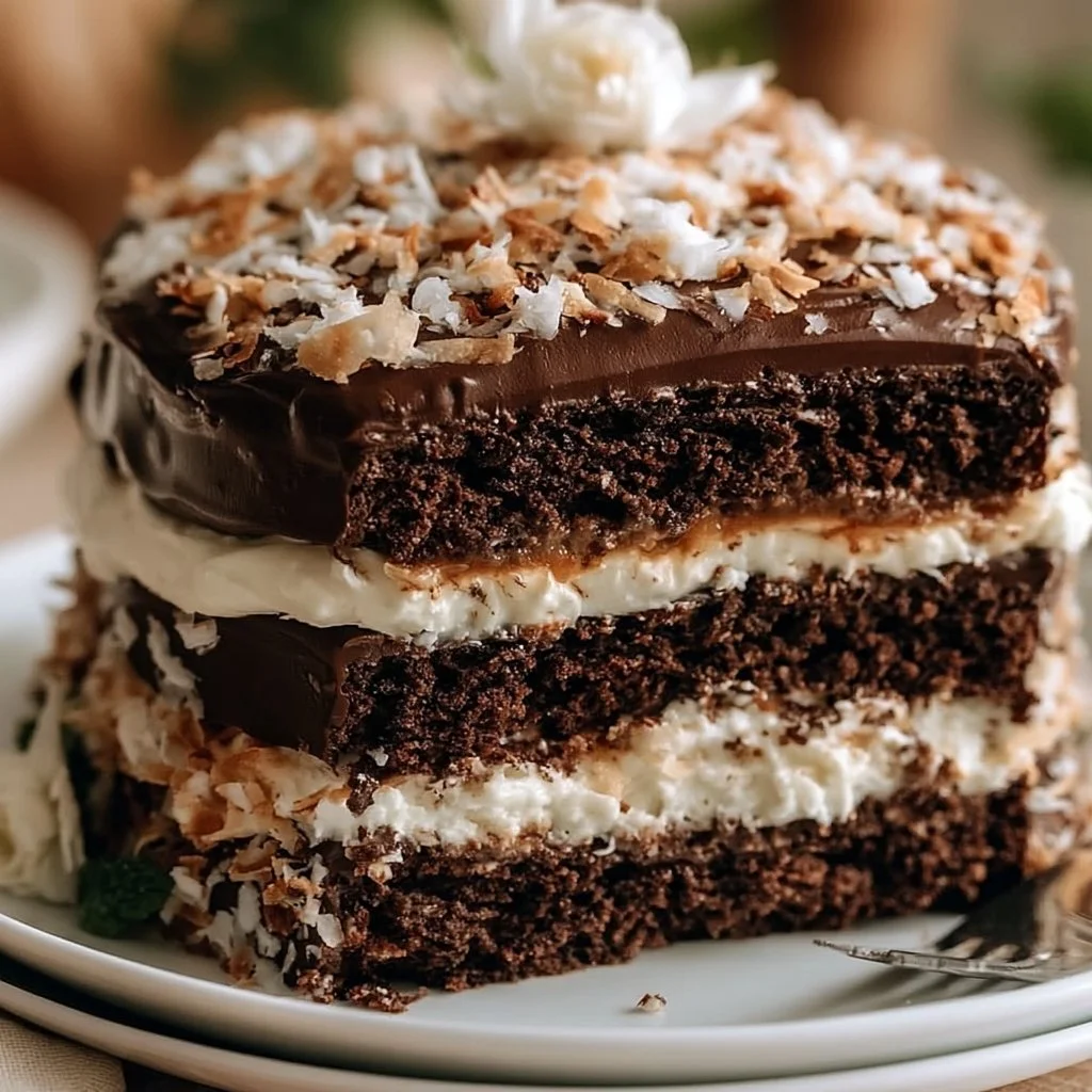 Decadent Chocolate Coconut Cream Cake topped with coconut flakes
