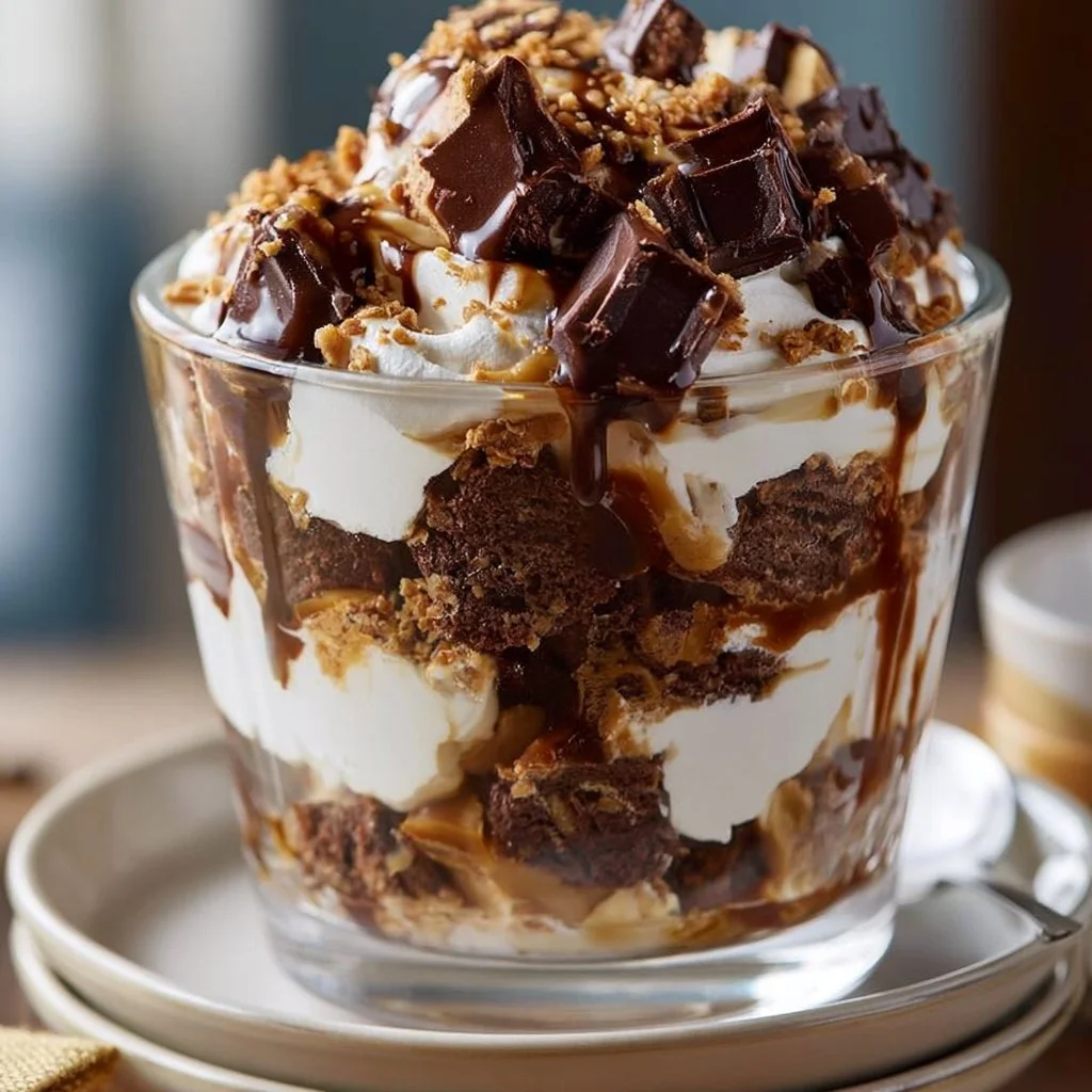 Delicious chocolate toffee trifle layered with chocolate and toffee cream
