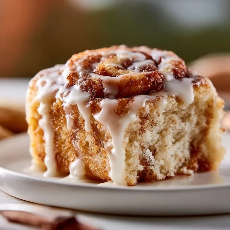 Delicious Cinnabon Cinnamon Roll Cake topped with icing and cinnamon.