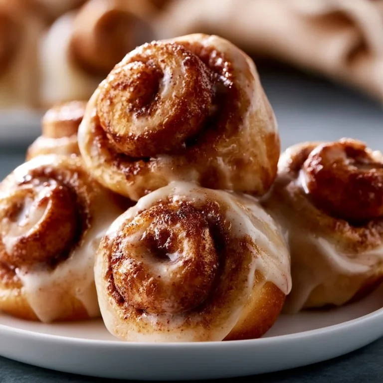 Deliciously baked cinnamon roll bites drizzled with icing on a platter.