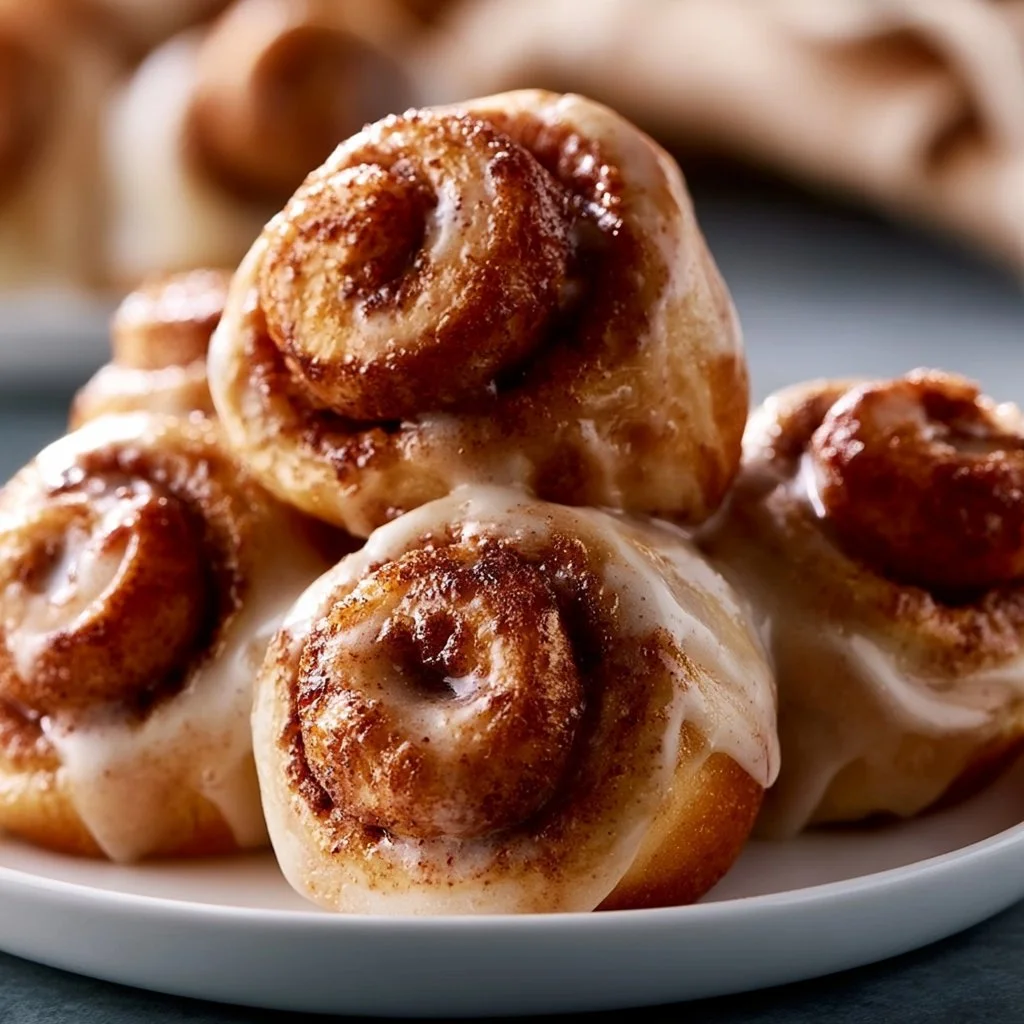 Deliciously baked cinnamon roll bites drizzled with icing on a platter.