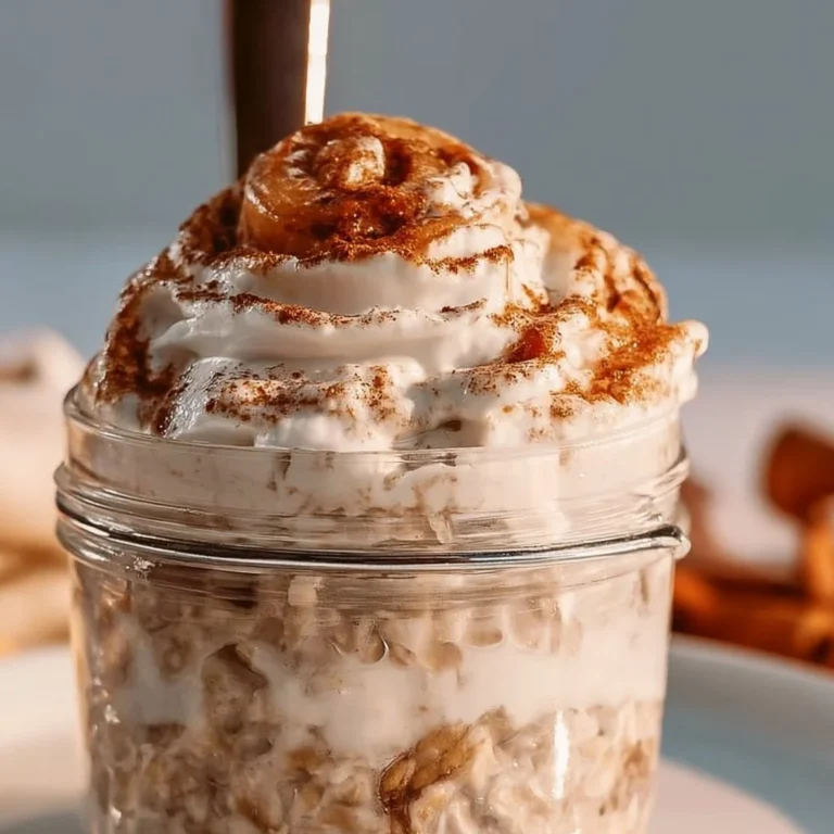 Bowl of cinnamon roll overnight oats topped with cinnamon and nuts