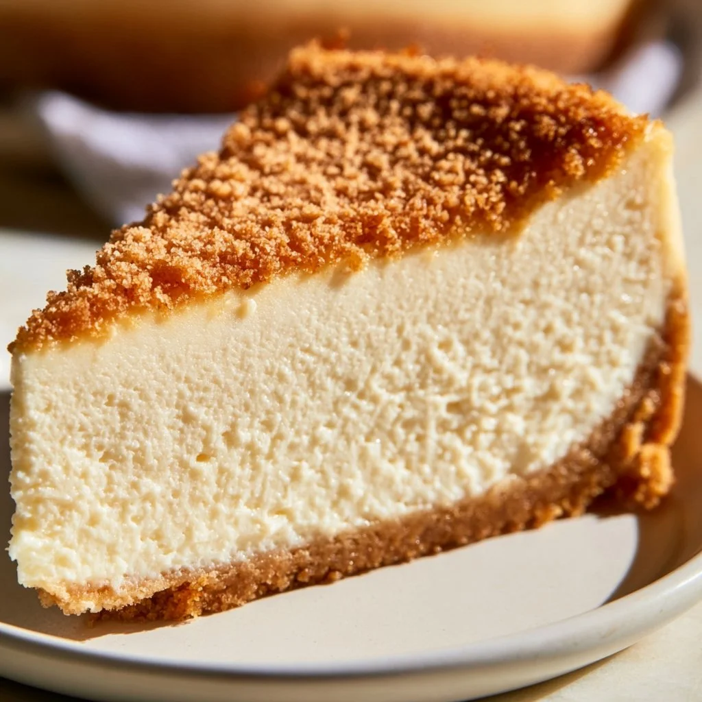 Creamy classic cheesecake slice on a plate, topped with fresh berries