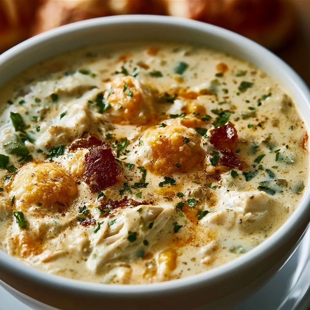 Bowl of Classic Crack Chicken Soup garnished with herbs and spices