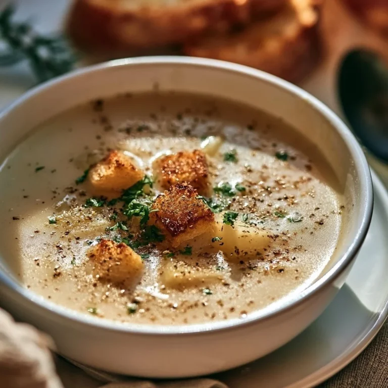 A bowl of classic garlic soup garnished with fresh herbs.