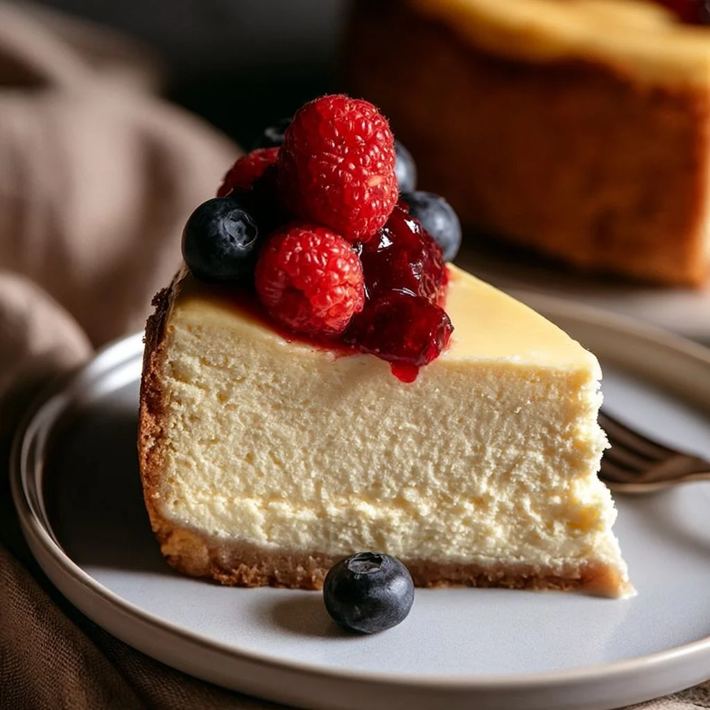 Classic New York Cheesecake served with a garnish of fresh berries
