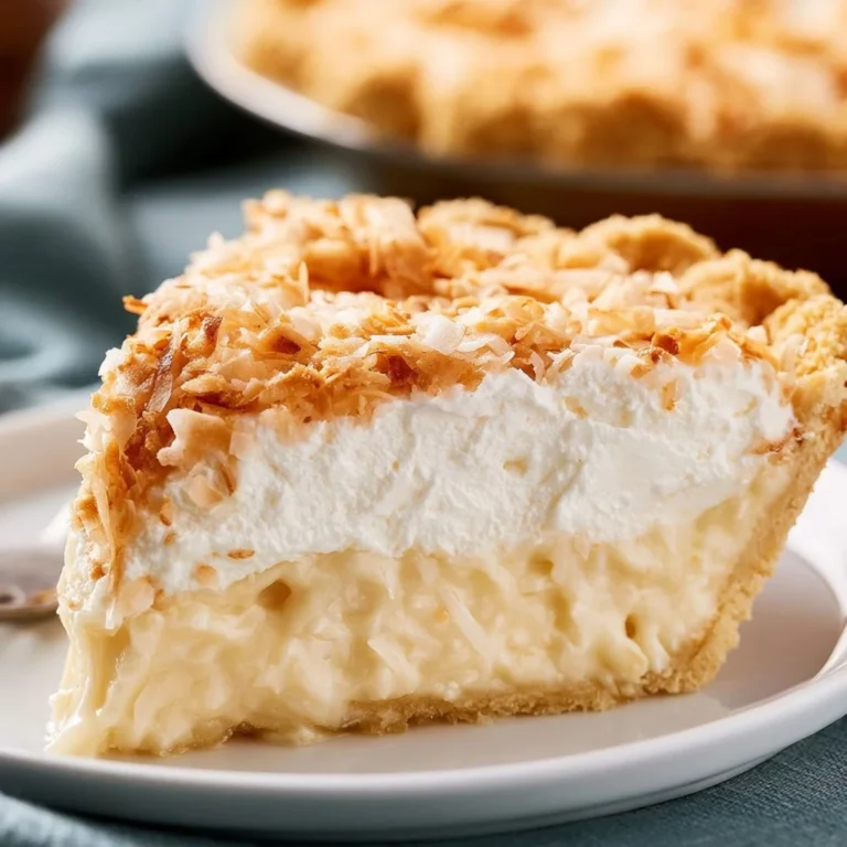 Delicious homemade Coconut Cream Pie topped with whipped cream and coconut flakes