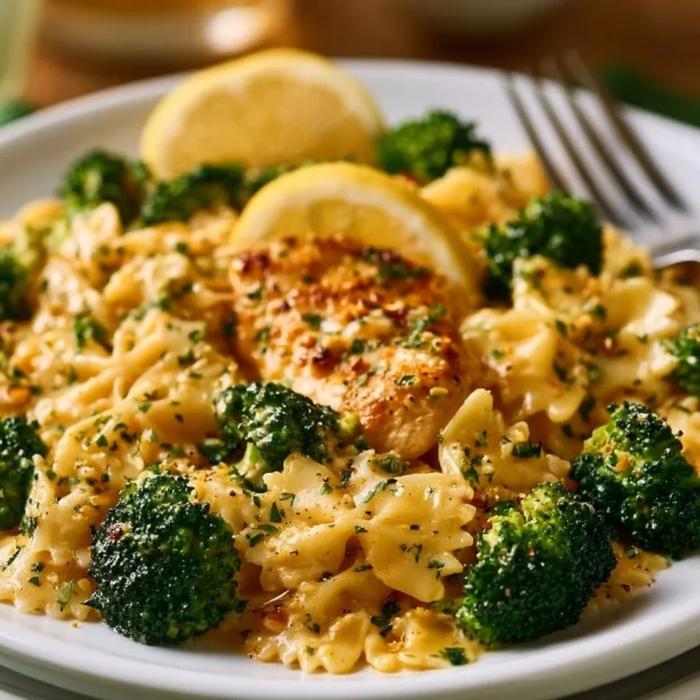 Delicious Cowboy Butter Lemon Bowtie Chicken served with broccoli.
