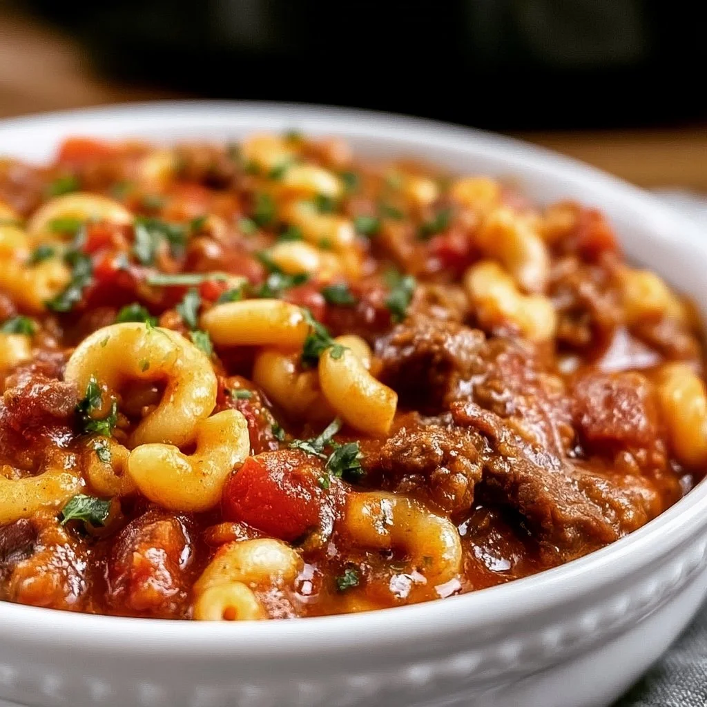 Cozy crock pot goulash served with fresh herbs and a side of bread.