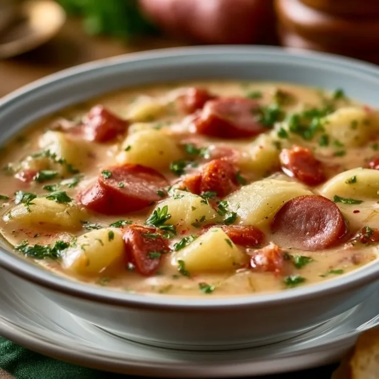 Bowl of cozy Kielbasa Potato Soup with potatoes and sausage