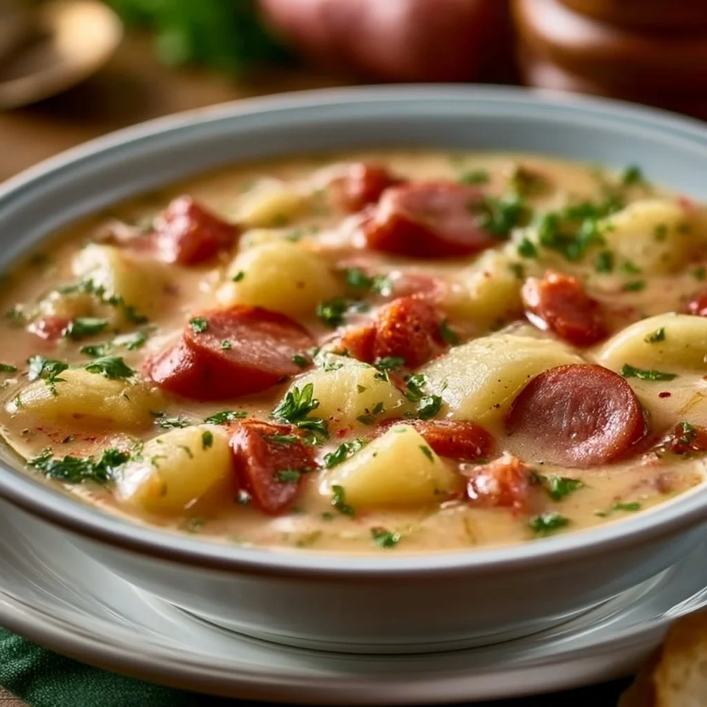 Bowl of cozy Kielbasa Potato Soup with potatoes and sausage