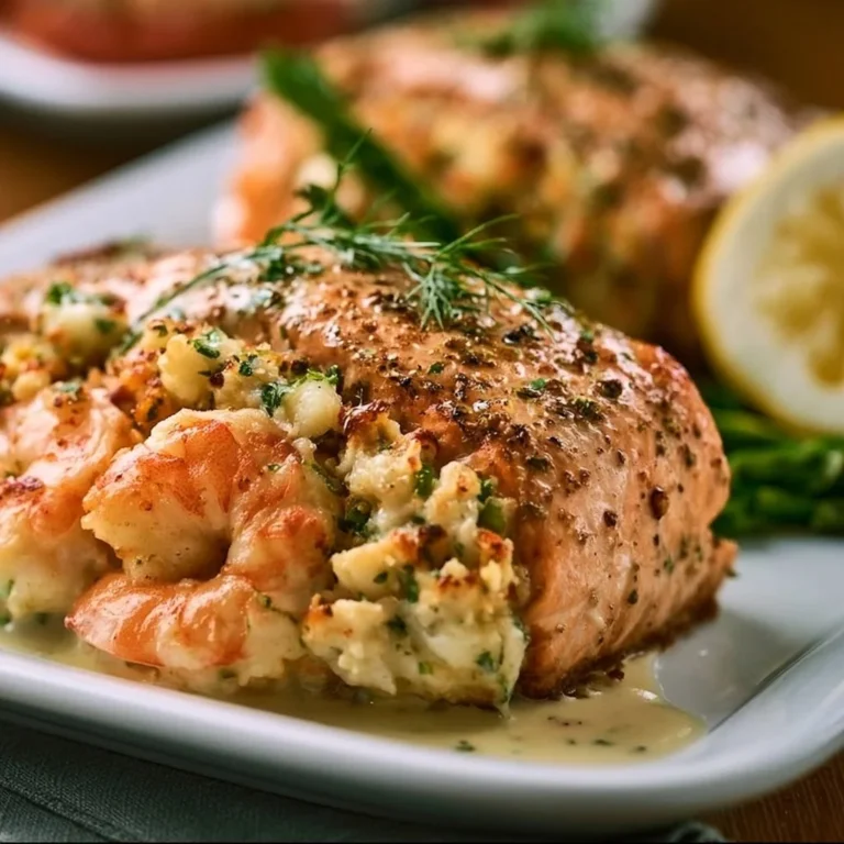 Delicious crab and shrimp stuffed salmon on a plate with garnishes