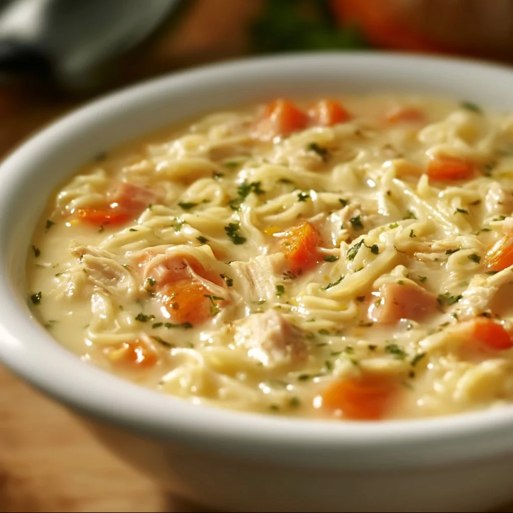 A comforting bowl of Crack Chicken Noodle Soup garnished with herbs.