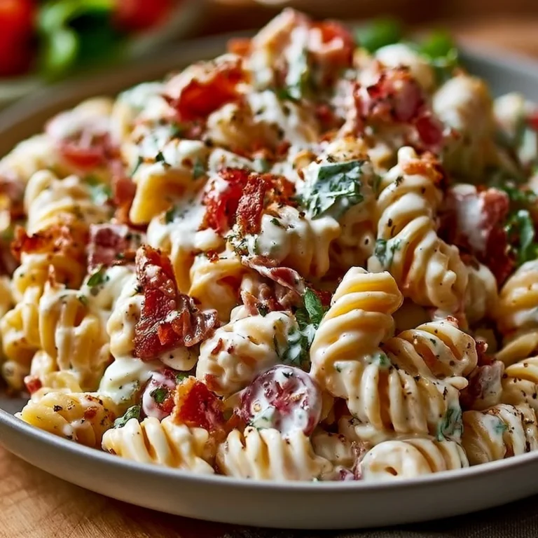 Delicious creamy Bacon Ranch Pasta Salad in a colorful serving bowl.