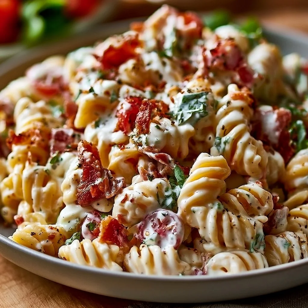 Delicious creamy Bacon Ranch Pasta Salad in a colorful serving bowl.