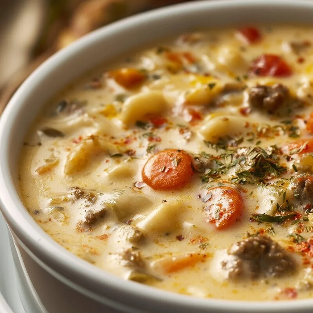 Delicious creamy cheeseburger soup topped with cheese and herbs