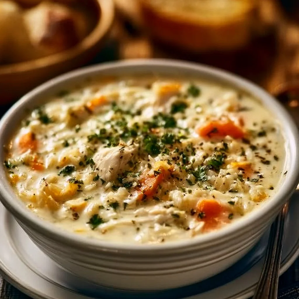 Bowl of creamy chicken rice soup garnished with herbs