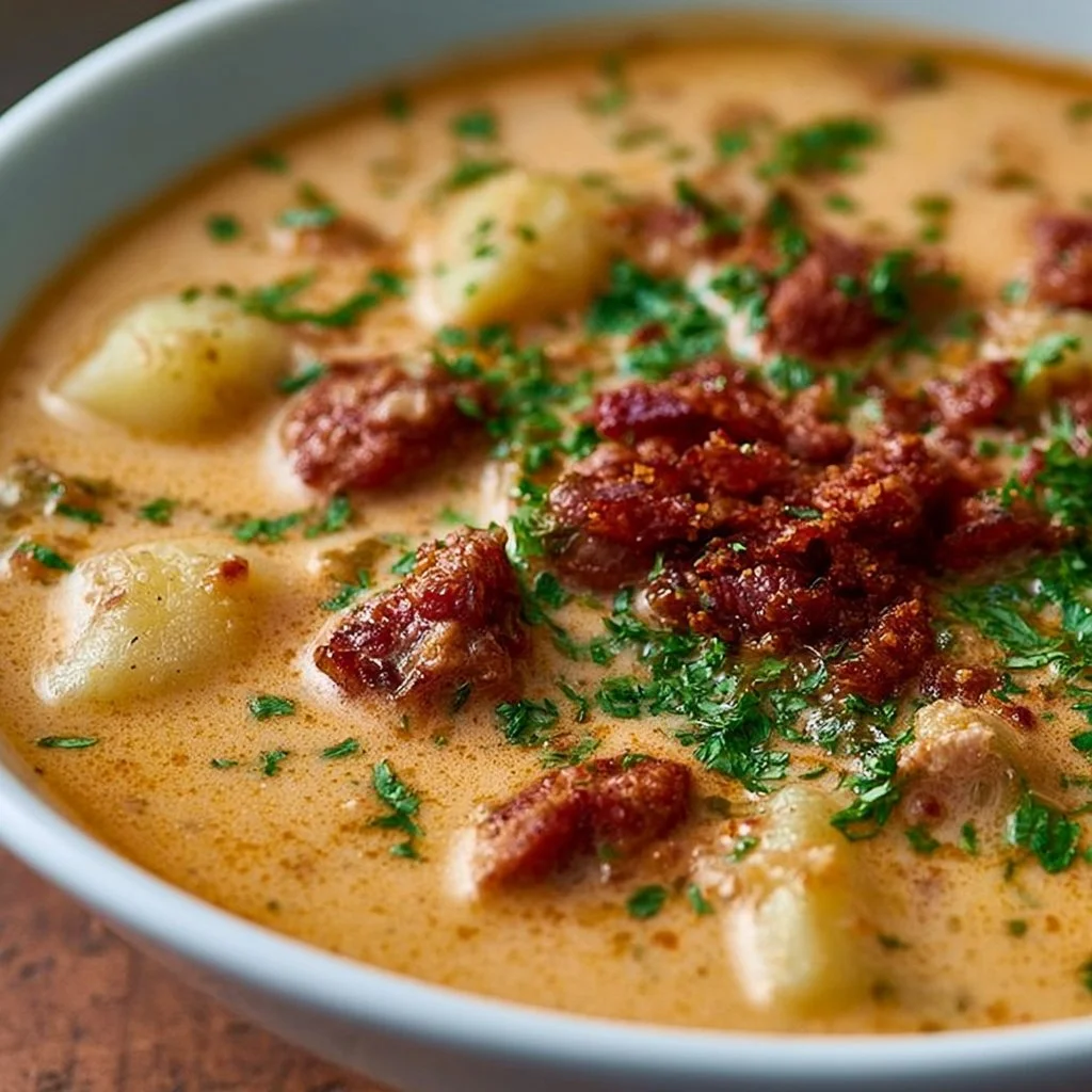 Bowl of creamy chorizo potato soup garnished with herbs