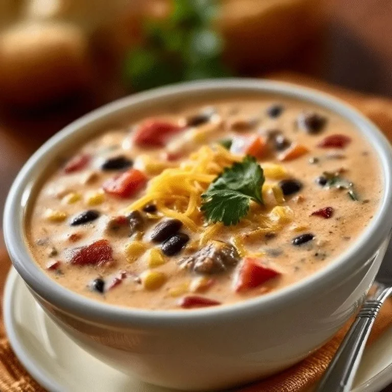 Bowl of creamy Cowboy Soup garnished with herbs and served with crusty bread