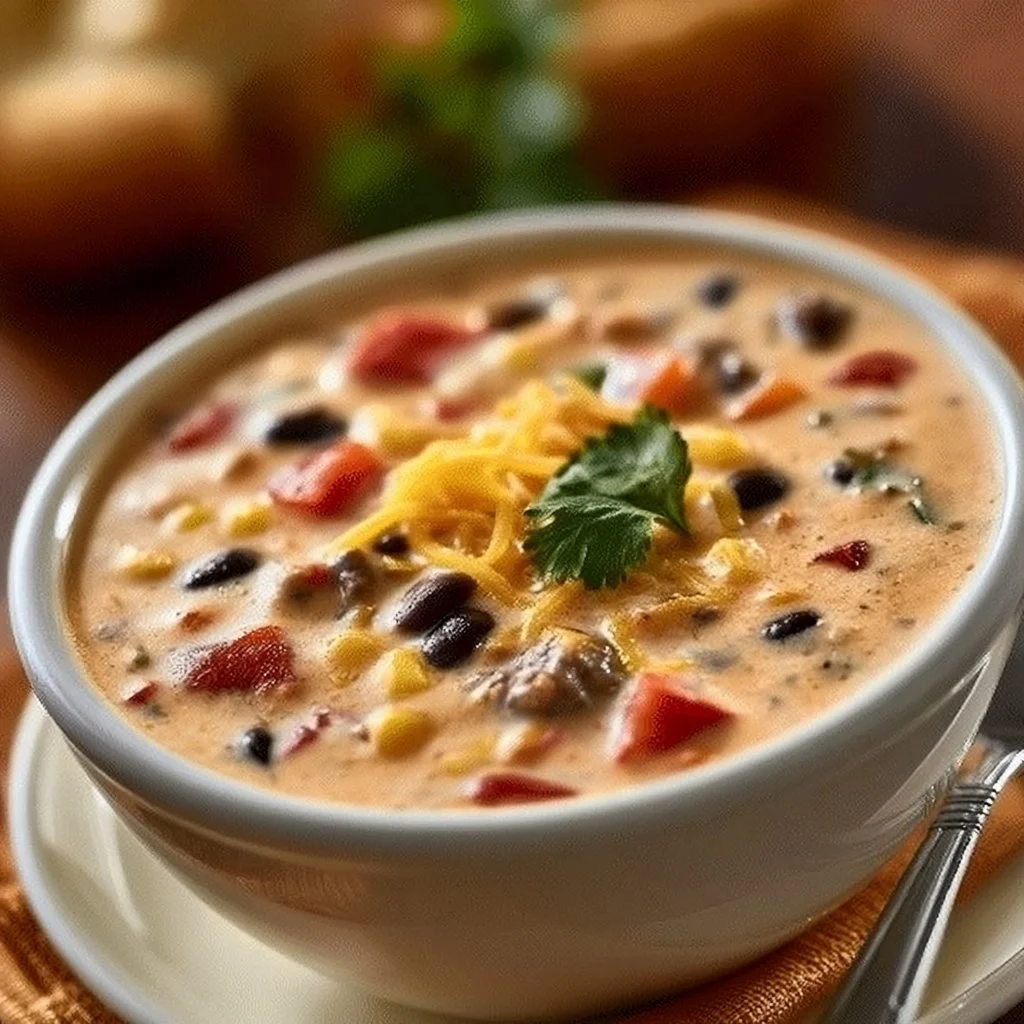 Bowl of creamy Cowboy Soup garnished with herbs and served with crusty bread